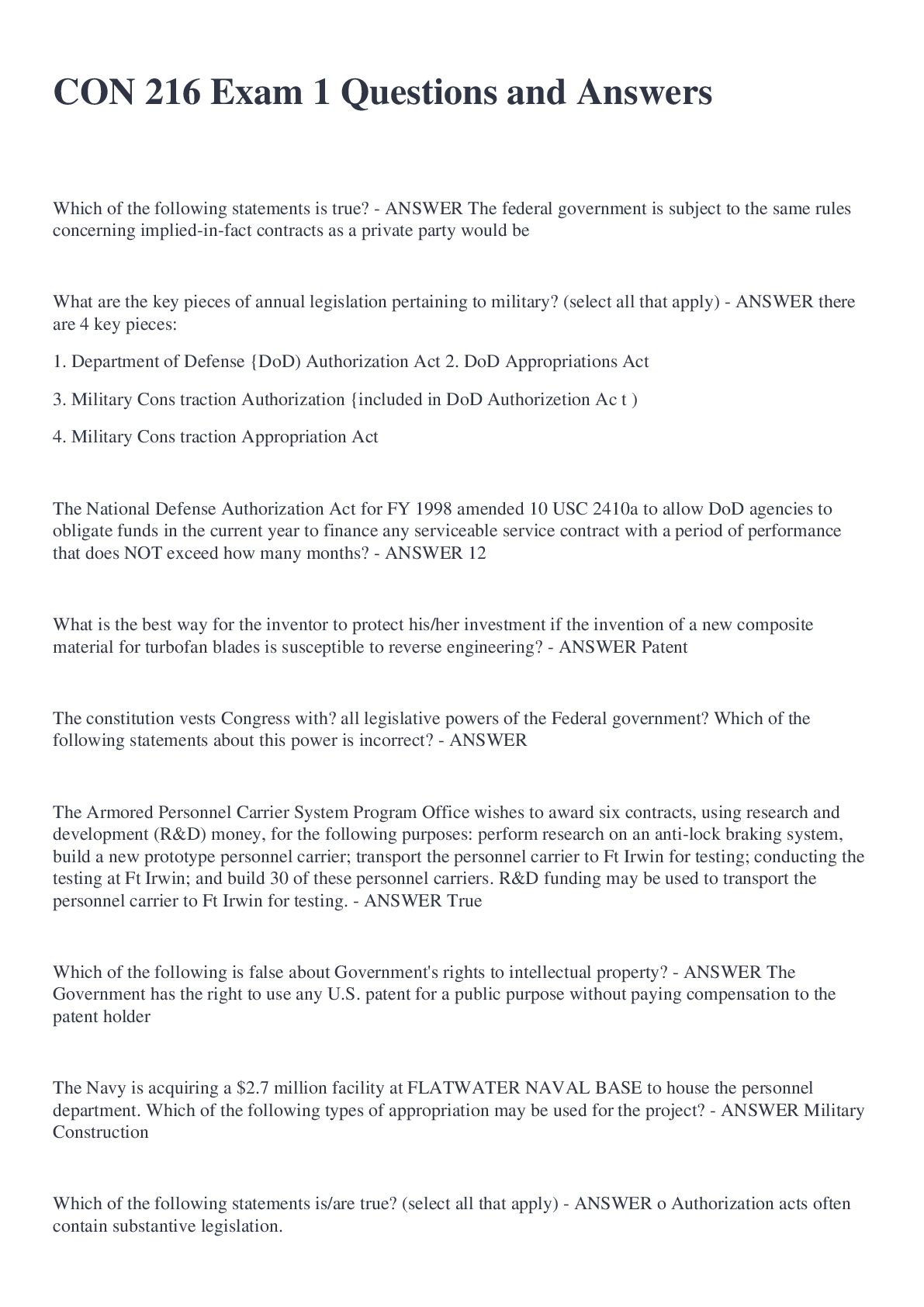 Preview of CON 216 Exam 1 Questions and Answers